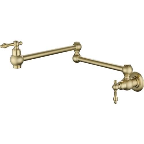 Solid Brass Wall Mounted Pot Filler Kitchen Faucet 2 Handles Double Joint Spout Kitchen Faucet New Cold water brushed gold