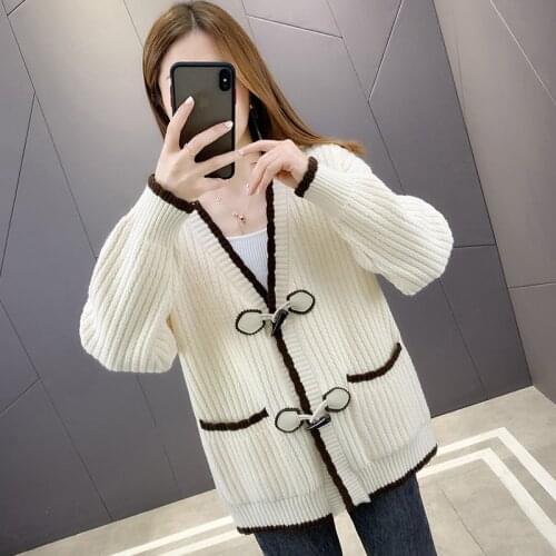 2021 Autumn New Style Contrast Color Knitted Long Sleeve V Neck Loose Cardigan Sweater for Women