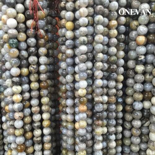 ONEVAN Natural A+ Grey Bamboo Leaf Agate Beads Loose Round Stone Bracelet Necklace Jewelry Making Diy Accessories Gift Design