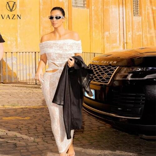 VAZN 2021 Autumn See Through Long Dress Solid Sexy Club Sweet Young Strapless Short Sleeve Skinny Maxi Dresses Young Lady Dress