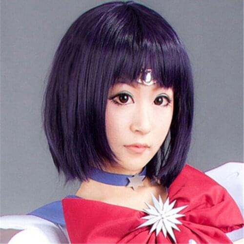 Sailor Moon Tomoe Hotaru Short Purple Black Heat Resistant Synthetic Hair Cosplay Costume Wig + Cap