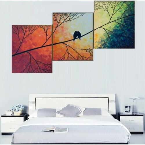 The Bird On The Tree Branch Abstract Oil Painting By Numbers 3 Pieces Set Handmade Colorful Tree Canvas Wall Paintings For Sale