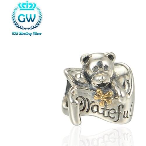 Silver 925 Charms Bear Grateful Golden Bow Knot Charm Fit Bracelet Loving Family Jewelry GW Brand