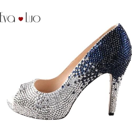 CHS407 Mix Color Peep Toe Navy Blue Crystal Bridal Wedding Shoes Dress Pumps High Heels Women Shoes Pumps Custom Made Big Size