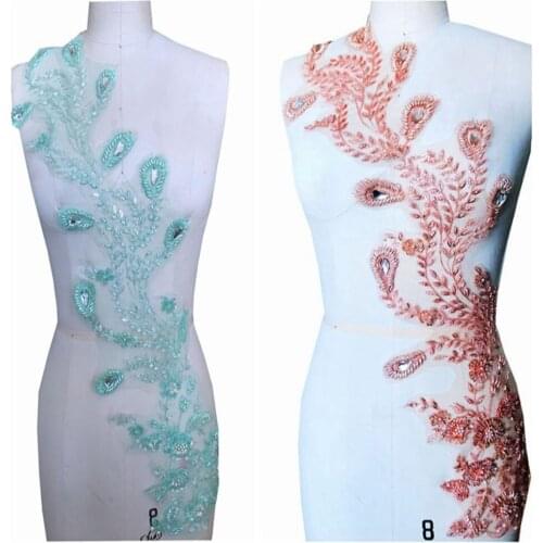 Light green/champagne lace applique with handsewing beads rhinestones trim patches 72*17cm for prom dress accessory