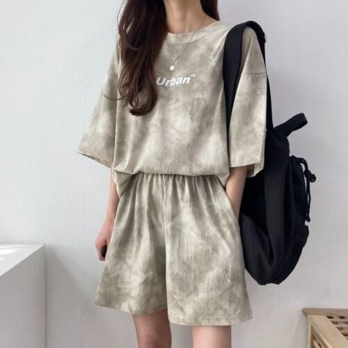 Vintage Khaki Tie Dye Cotton Two Piece Sets Women Comfort Tracksuit 2021Summer Casual Plus Size Shorts T-shirt Clothes for Teens