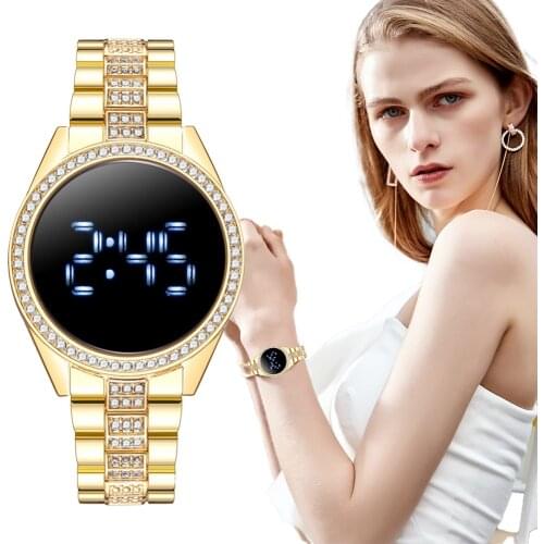 Gold Stainless Steel Watches Qualities Women Luxury Fashion 2021 Brand Diamond led touch Watch Casual Digital Ladies Wristwatch