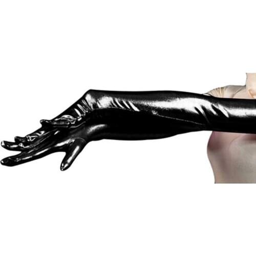 Ensnovo Women Spandex Polyester Black Shiny Metallic 22 inch Length Sleeve Cosplay Costumes Wet Look Opera Length Evening Gloves