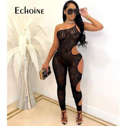 Echoine Woman Sheer Mesh Jumpsuit Summer Sexy Cut Out One Shoulder One Piece Spaghetti Strap Overall Bodycon Romper Playsuit