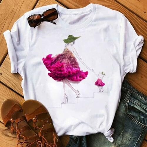 Harajuku Womens Top Flower Mom Womens Casual Top Womens White Top Short Sleeve O-neck Womens T-shirt
