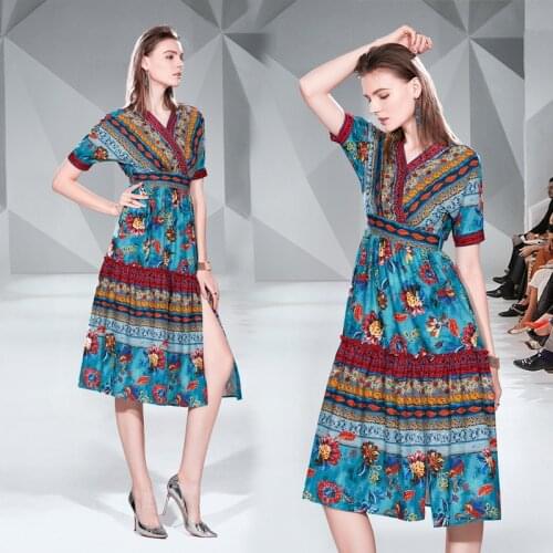 Women 2021 New Summer Dresses Cotton Office Lady Printing Mid-Calf Dresses V-Neck Loose For Women Elegant Party Night Dresses