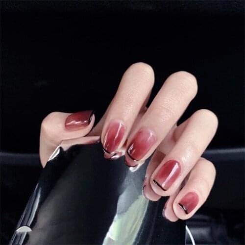 24PCS fake nails french manicure Rose Black French Manicure patch removable false nails with adhesive