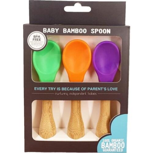 3/set wooden cutlery fork spoon knife Baby Bamboo Training Spoons Organic Soft Baby Feeding Silicone Tip Spoon Scoop Easy Grip