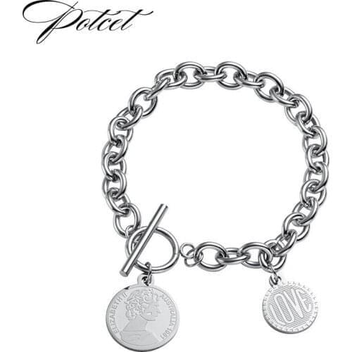 POTCET Unisex Stainless Steel Round Card Character Letter Titanium Steel Bracelet Geometric Hip Hop Personality Party Jewelry