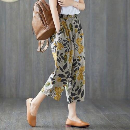 Plus Size 4xl Capris 2021 Summer Casual Loose Floral Print Women Harem Pant Elastic Waist Streetwear Ankle Length Pocket Trouser