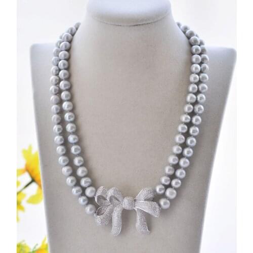 P7061 2Row 20" 10mm Gray Round Freshwater Pearl Choker Necklace CZ Bowknot