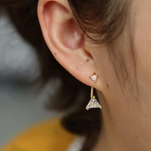 Geometric classic jewelry earring triangle cubic zirconia sparking bling double sided front back women stud earrings 925 silver