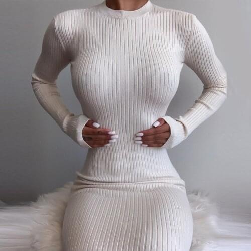 Hirigin Elegant Ribbed Knitted Midi Dress Women Long Sleeve 2020 Fall Solid Round Neck Backless Cut-Out Dresses Club Party