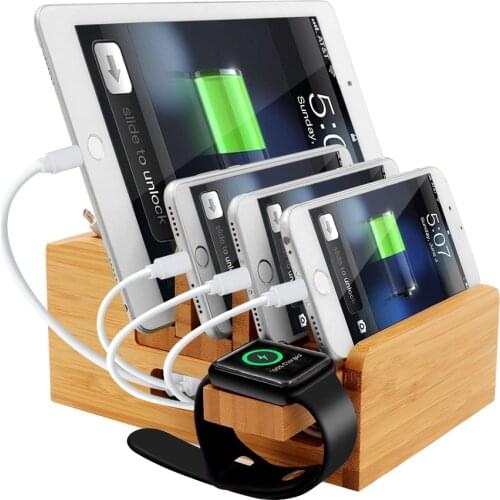 ICozzier Bamboo 5-Port Fast USB Charging Station Dock Desktop Organizer/Holder for Watch, Phone, iPad, Organizer Multi-Devices