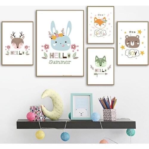 Cute Baby Animal Canvas Painting Cartoon Bunny Bear Poster Hello Boy Girl Children Room Kindergarten Aesthetic Art Decor Picture