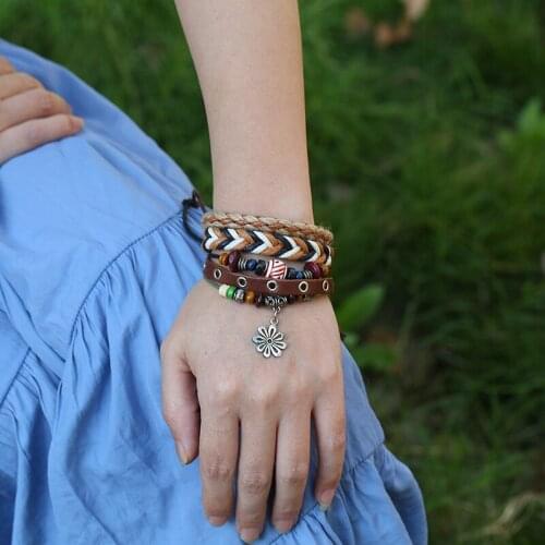 Leather Bracelets Handmade Jewelry Bohemian Style Beaded Multi Strand Bracelet Set Ribbon Bracelet Women Man Gifts