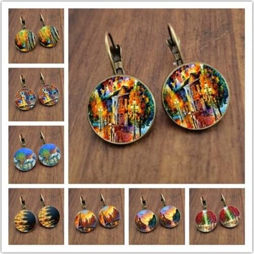 Fashion retro oil painting art earrings round glass DIY handmade jewelry earrings, beautiful decorative gifts for girls