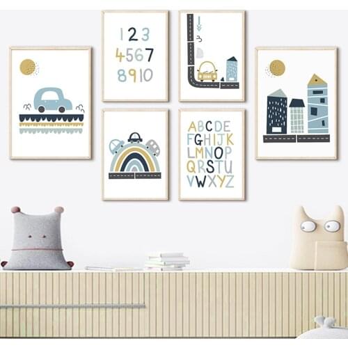 Cartoon Car Rainbow Track House ABC Wall Art Canvas Painting Nordic Posters And Prints Nursery Wall Pictures Boy Kids Room Decor