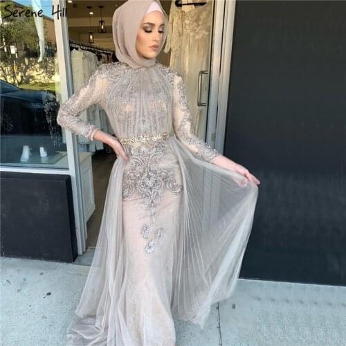 Muslim Grey Long Mermaid Lace Prom Dresses 2020 Long Sleeves Handmade Flowers Formal Dress Serene Hill DLA70305