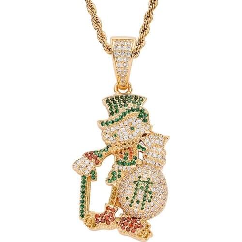 Hip Hop Green CZ Stone Bling Ice Out Hand Dollars Bag Cartoon Duck Pendants Necklaces for Men Rapper Jewelry Gold Silver Color