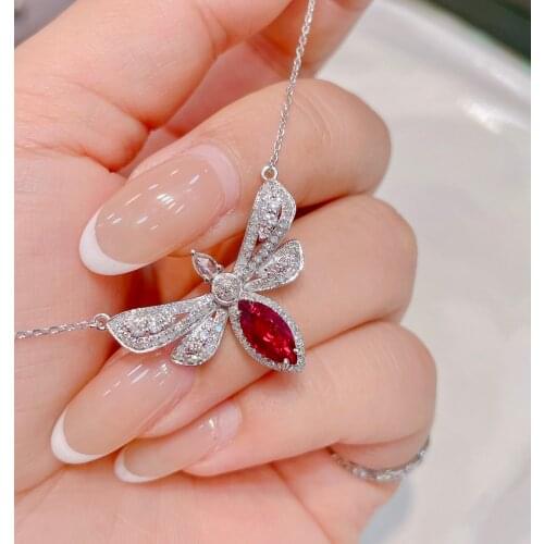 LR Solid 18K Gold Diamond Nature Flower Red Ruby 1.18ct Gemstones Females Classic Diamonds Jewelry Necklaces