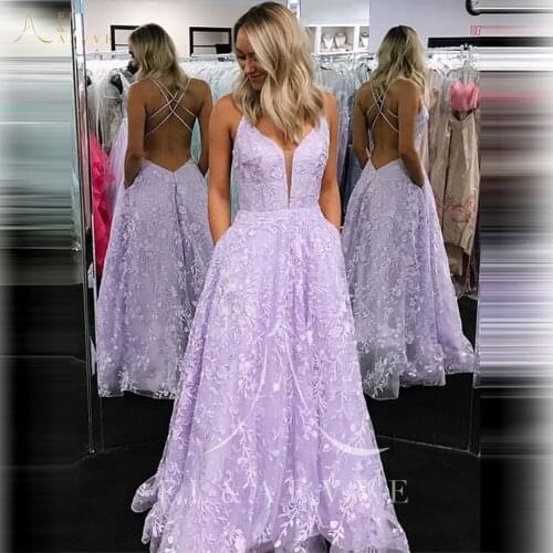 Sexy Purple Lace Spaghetti Straps Evening Dresses Breast Split Backless Cross Straps Prom Party Gowns Plus Size A-Line Dresses