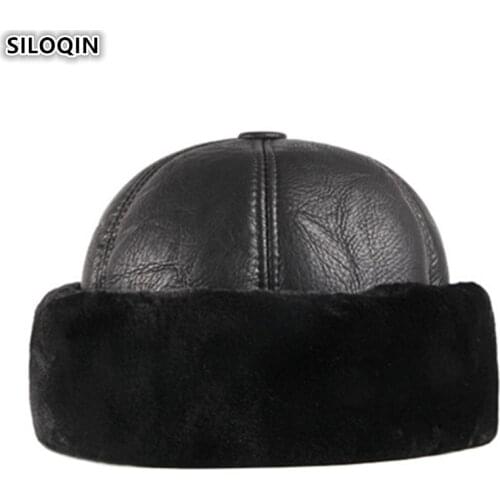 SILOQIN Middle-aged Men PU Imitation Leather Cap Winter Mens Warm Bomber Hats Thick Velvet Warm Male Winter Hat Brands Dad Hats