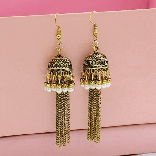 Vintage Womens India Geometric Long Chain Tassel Hanging Dangle Drop Earrings Tibetan Jewelry Bohemia Bell Jhumka Earrings