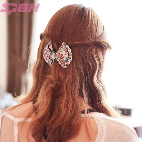 Hair clip back crystal diamond bow spring clip Korean leather full diamond color adult headdress hair clip