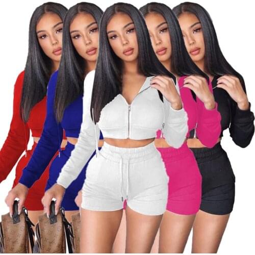 Adogirl Women Solid Tracksuit Hoodies Sweatshirt Casual Sports 2 Piece Set Long Sleeve Crop Tops And Biker Shorts Matching Sets