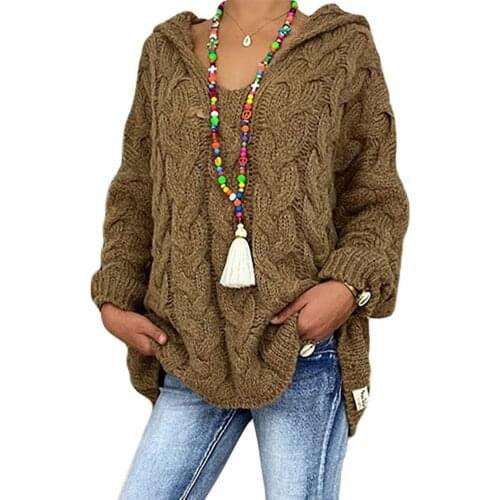 Women Sweater Winter Autumn Solid Color Long Sleeve Braided Hooded Pullover свитер женский Knitted Sweater Oversize 2020