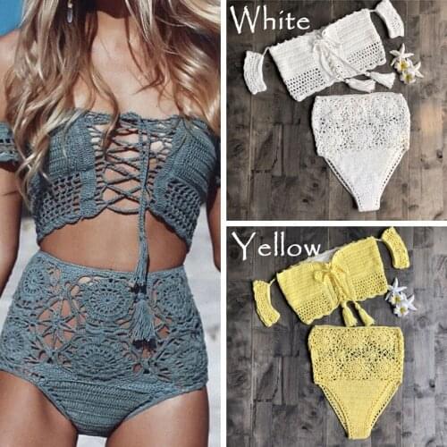 Women Crochet Lace Bralette Knit Bra Beach Bikini Halter Cami Tank Crop Top Hot Spring Halter Split Swimsuit Solid Color Top Bra