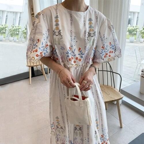 2021Summer Dress Women Blending Dress Ladies Oversize Short Sleeve Casual Elegant Floral Print Dress Female Mid-calf Dress