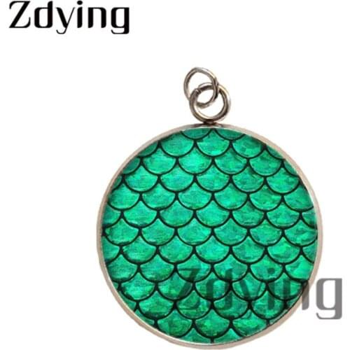 Zdying 2pcs Mermaid Fish Scale Stainless Steel Pendants Glass Picture Cabochon Necklace Charm Jewelry Accessories YF012