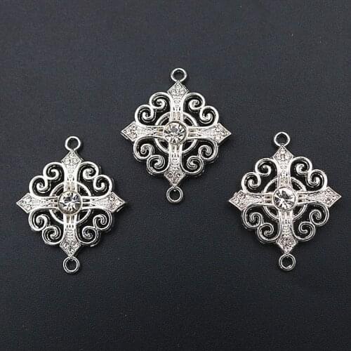 4pcs Silver Plated Rhinestone Cross Charm Vintage Necklace Bracelet DIY Metal Jewelry Alloy Connectors 34*27mm A1629