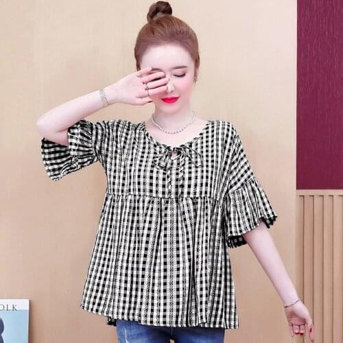 Large Size Women Cotton Summer Short Sleeve Folds Blouses Casual Shirts O-Neck Lattice Fashion Loose Tops Blusas MM0395