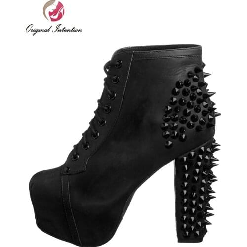 Original Intention Fashion Plus Size 4-15 Women Ankle Boots Sexy Rivets Round Toe Square Heels Boots Black Shoes Women