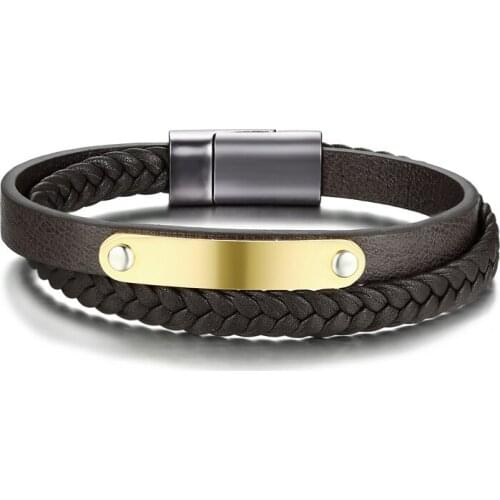 Genuine Leather Bracelets & Bangles for Men Titanium Steel Brown Retro Fine Jewelry Male Wristband Nameplate Support Engraved