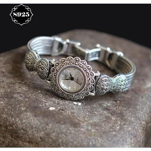 Limited Edition S925 Pure Silver Ornaments Classical Lady Bowknot Thai Silver Bracelet Watch Thailand Process Rhinestone Bangle