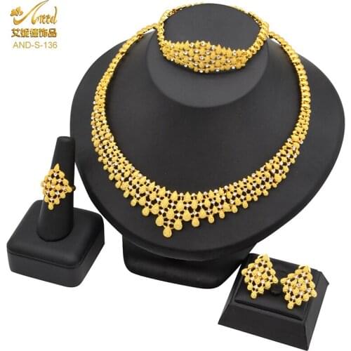 ANIID Dubai Gold Jewelry Sets For Women Fashion Nigerian Necklace Earrings 24K Gold Color Wedding Bracelets Indian Rings Bridal
