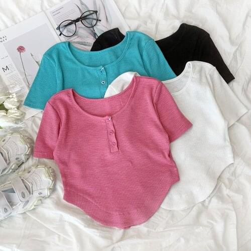 Summer rose red elastic round neck slim slimming short T-shirt