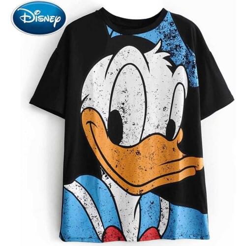 Disney Fashion Cute Donald Duck Cartoon Print Black T-Shirt O-Neck Pullover Short Sleeve Casual Sweet Women Loose Tee Tops