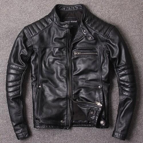 Free shipping.Vintage style mens cowhide clothes,quality biker leather Jacket,fashion black genuine Leather coat.homme slim