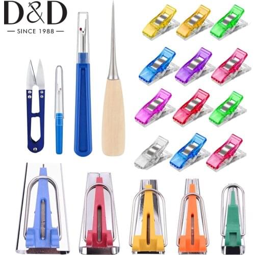 Fabric Bias Tape Makers Kit with Sewing Clips Seam Ripper Thread Cutter Tool Awl for DIY Sewing Crafting Quilting Tools Kit
