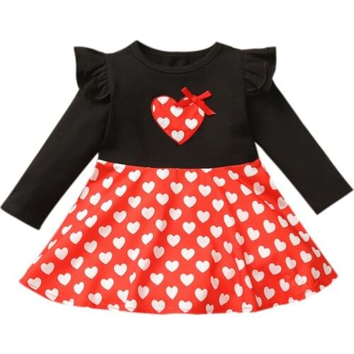 Baby Girls Valentines Day Dress, Casual Long Sleeve Round Neck Heart Print Ruffle Loose Sweet Cute Dress 6 Months to 4 Years